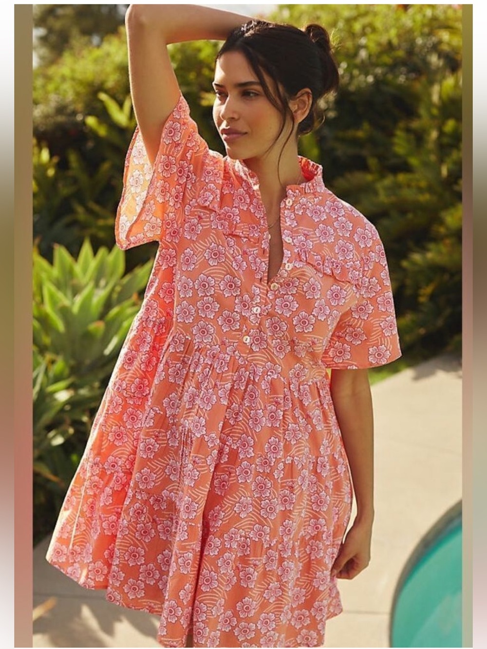 Anthropologie Ro's Garden Vibeka Ruffle Mini Dress Vacation Floral.    Sk2